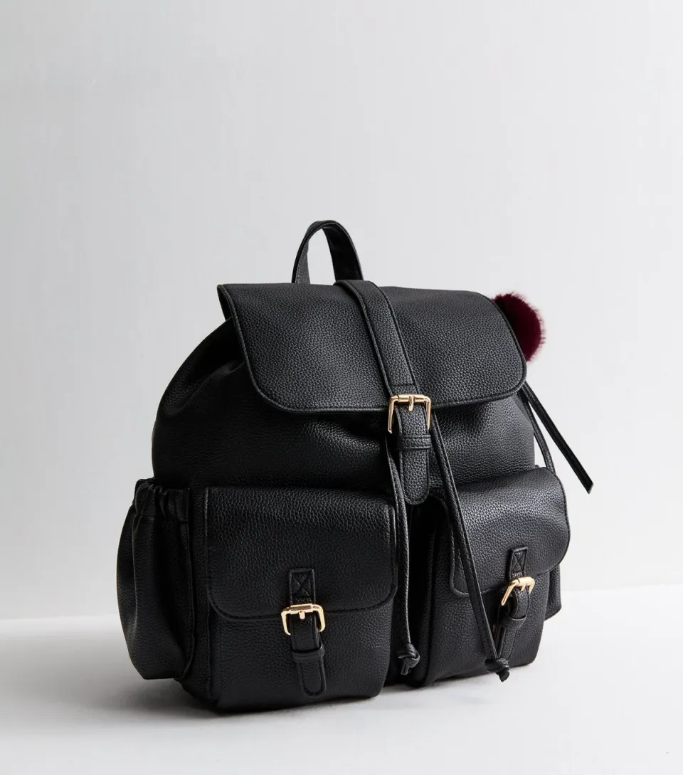 Black Faux Leather Multi-Pocket School Backpack Vegan