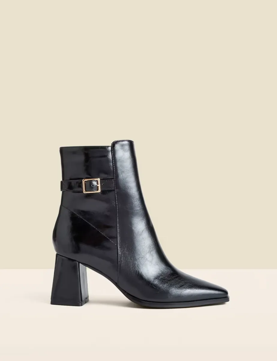 Block Heel Ankle Boots With Buckle Trim Black