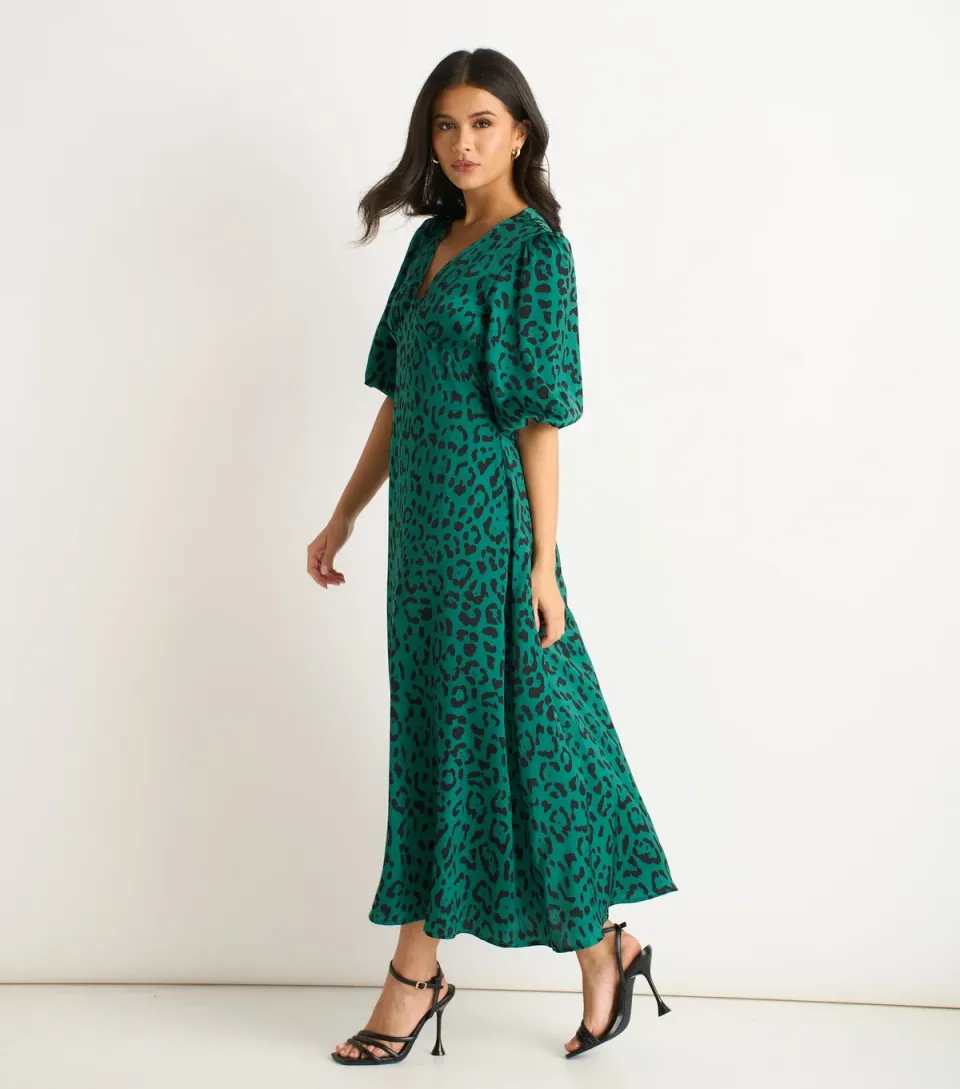 Women's Dark Green Animal Print Midi Dress