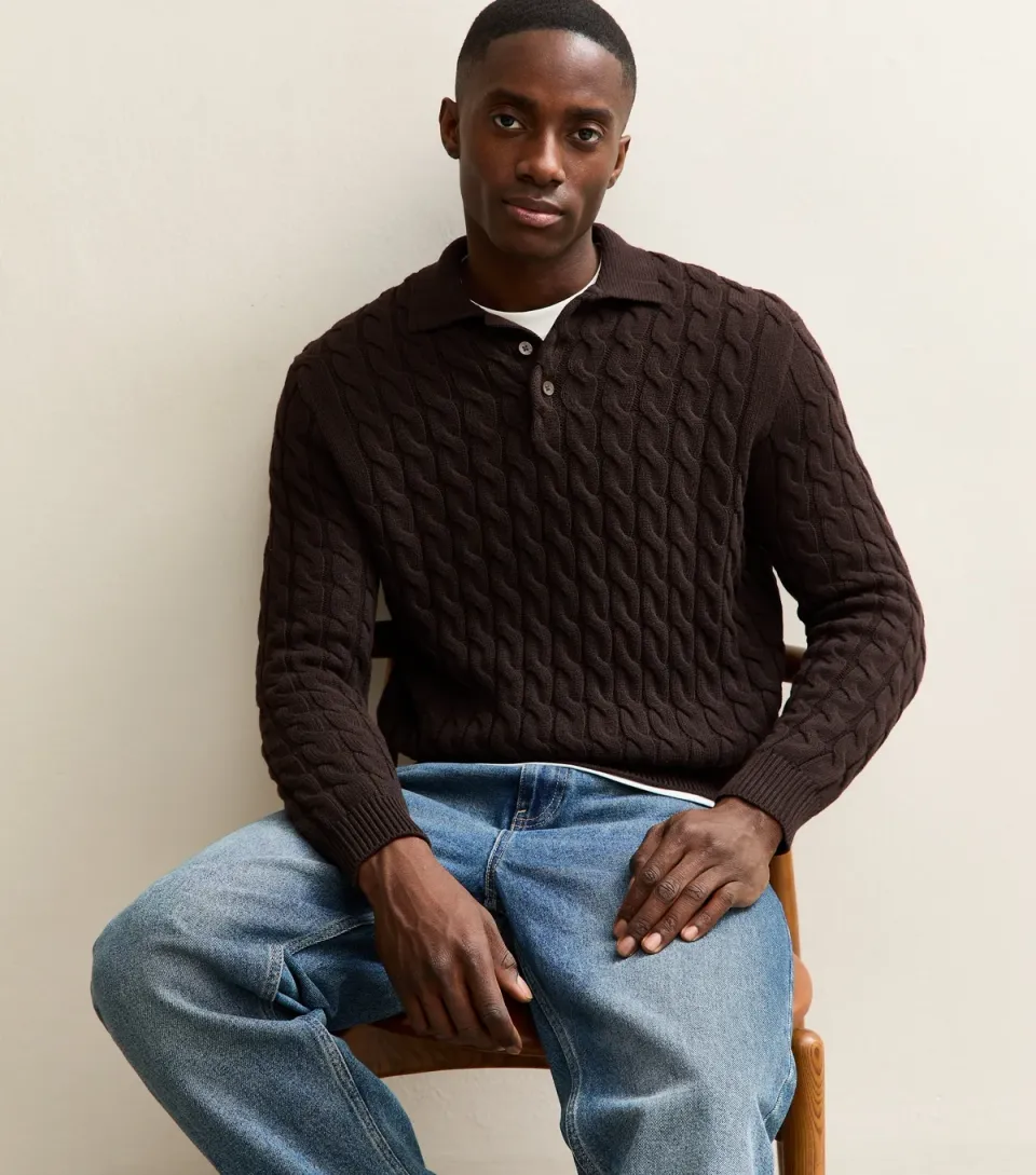 Men's Dark Brown Regular Polo Cable Knit Jumper