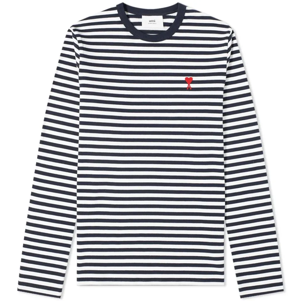 AMI Long Sleeve Heart Patch Stripe Tee