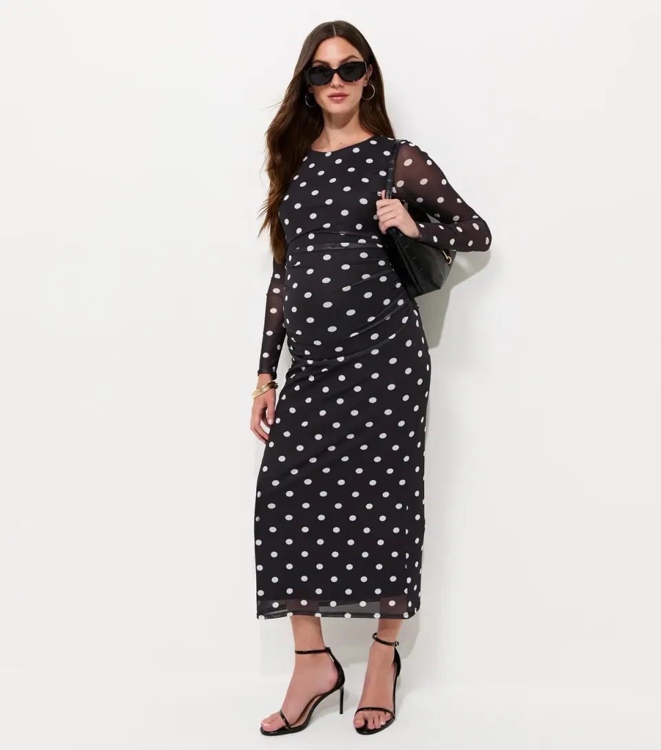 Women's Maternity Black Spot Print Crew Neck Ruched Mesh Midi Dress
