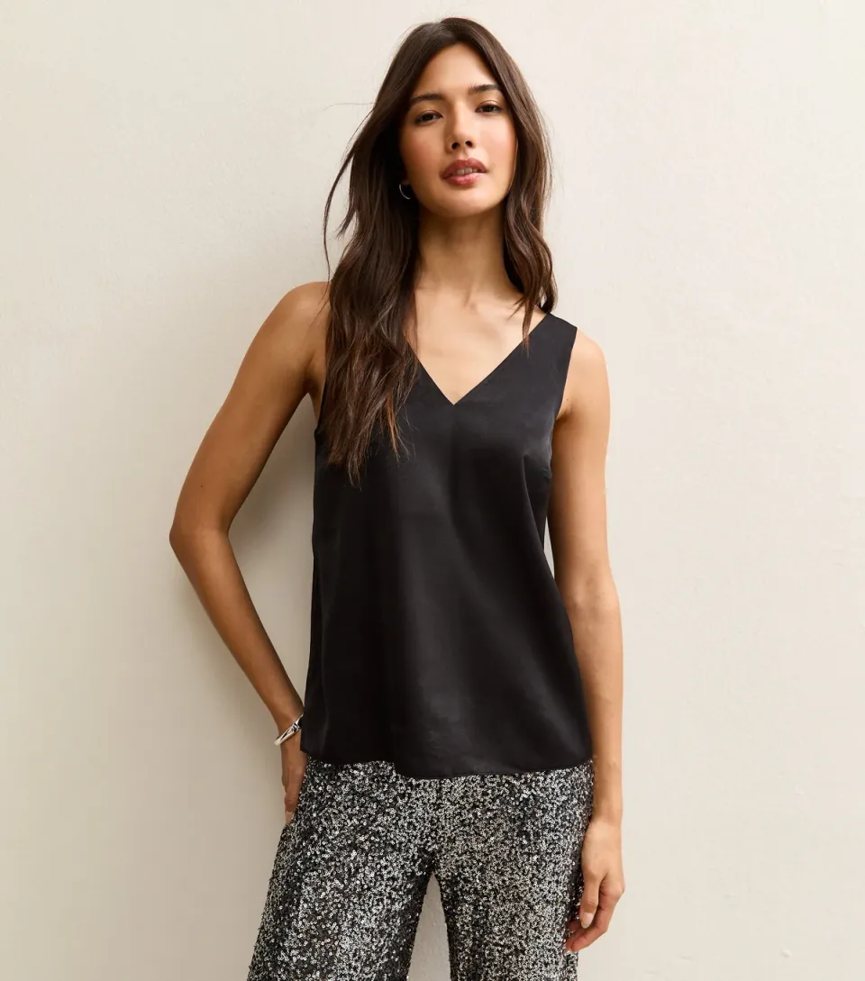 Women's Black Satin V-Neck Top