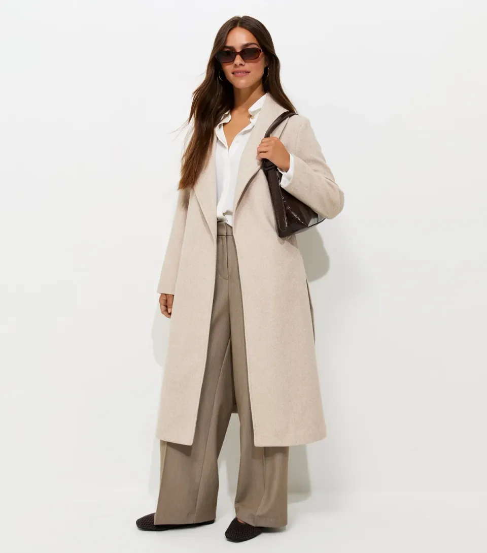 Women's Petite Oatmeal Shawl Collar Belted Coat
