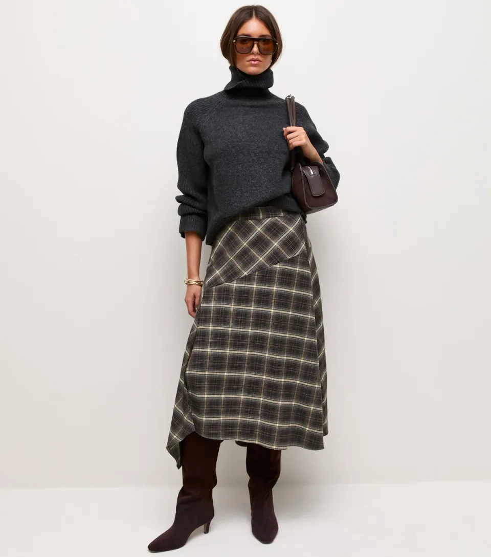 Women's Brown Checked Handkerchief Hem Midi Skirt