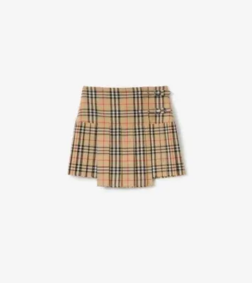 Pleated Check Wool Mini Kilt in Archive beige