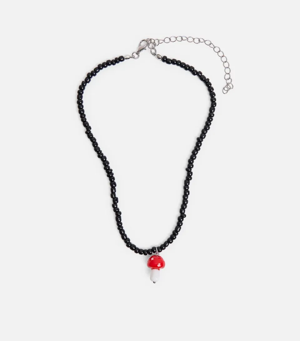Black Beaded Mushroom Pendant Necklace
