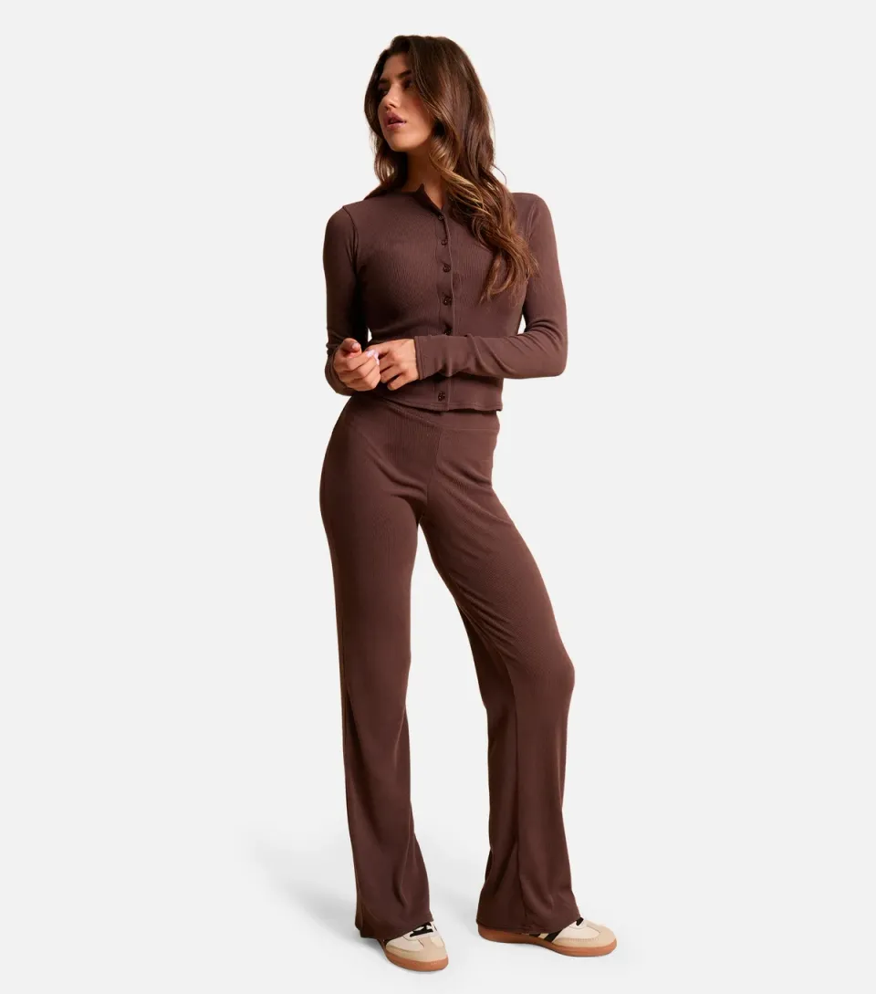 Women's Dark Brown Ribbed Wide Leg Trousers