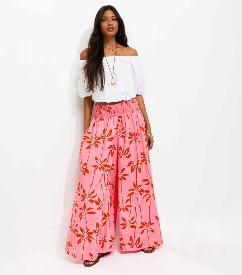 Women's Pink Crepe Palm Tree Print Palazzo Trousers