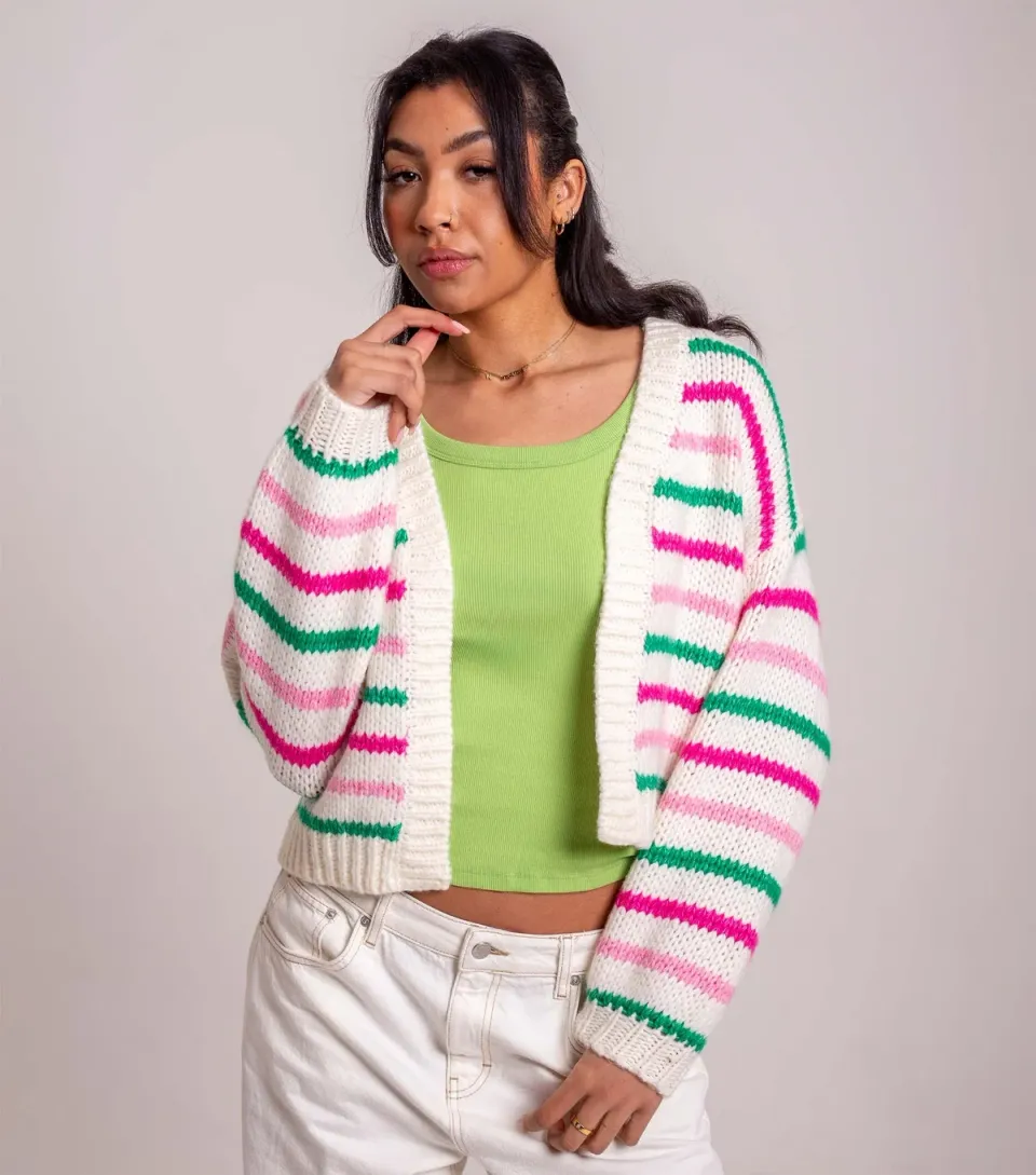 Women's Cream and Pink Thin Striped Open Cardigan