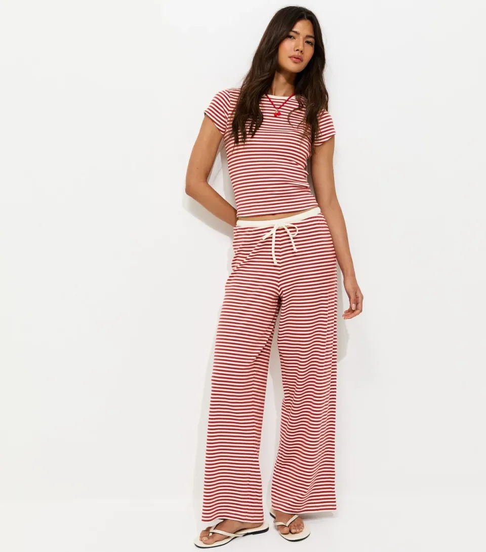 Women's Red Striped Drawstring Wide Leg Trousers