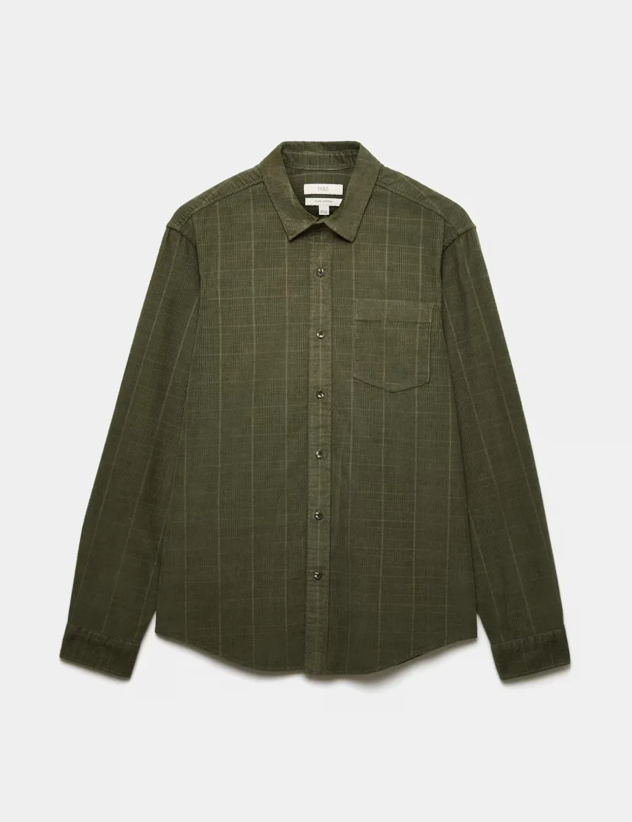 Regular Fit Checked Corduroy Shirt Khaki