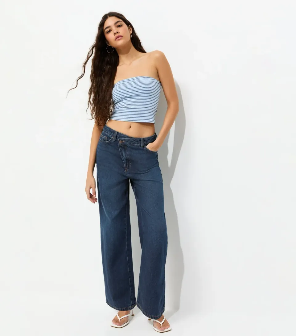 Women's Dark Blue Crossover Fly Wide Leg Jeans