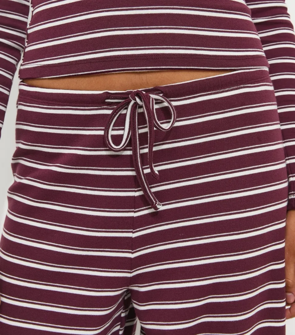 Women's Red Cotton Rich Striped Wide Leg Drawstring Trousers