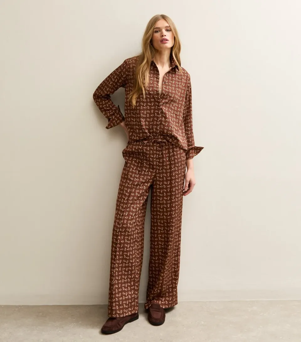 Women's Brown Satin Paisley Wide Leg Trousers