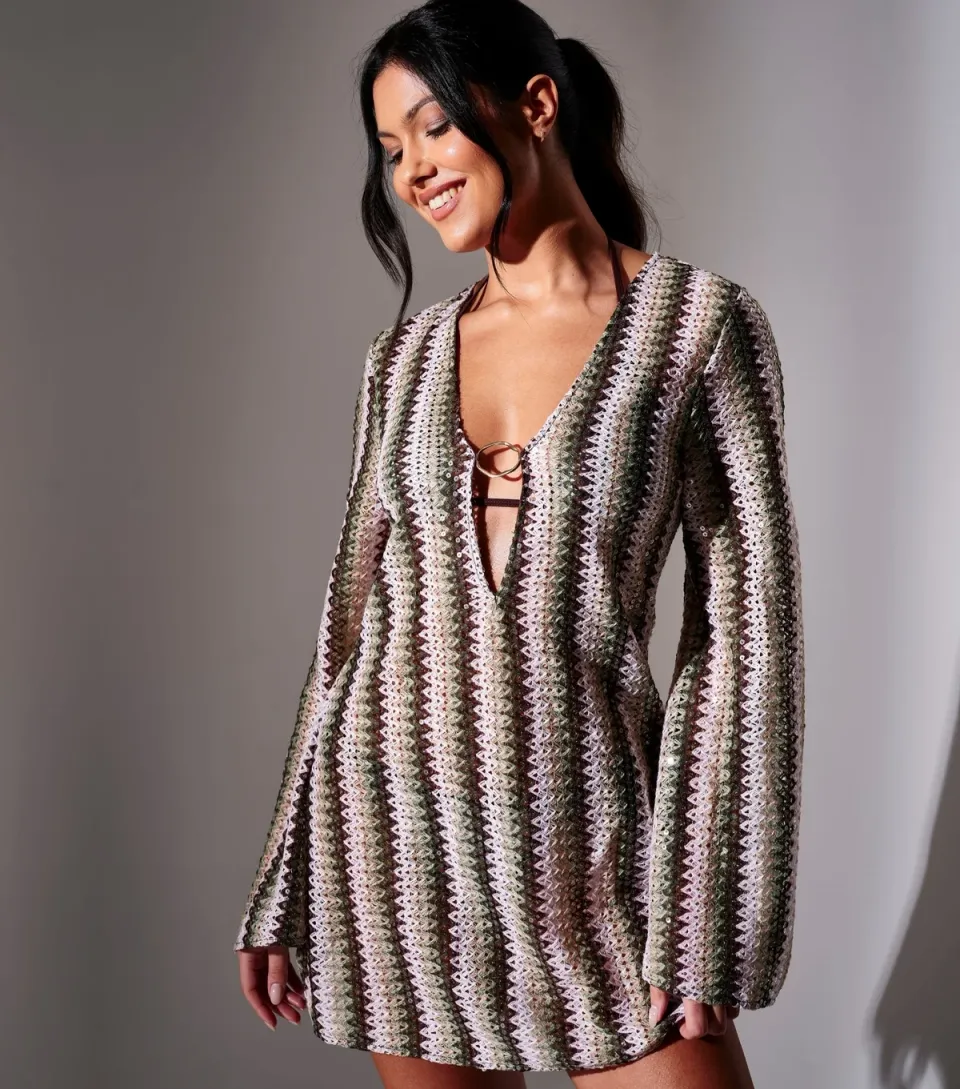 Women's Multi Colour Crochet Sequin Mini Kaftan Dress