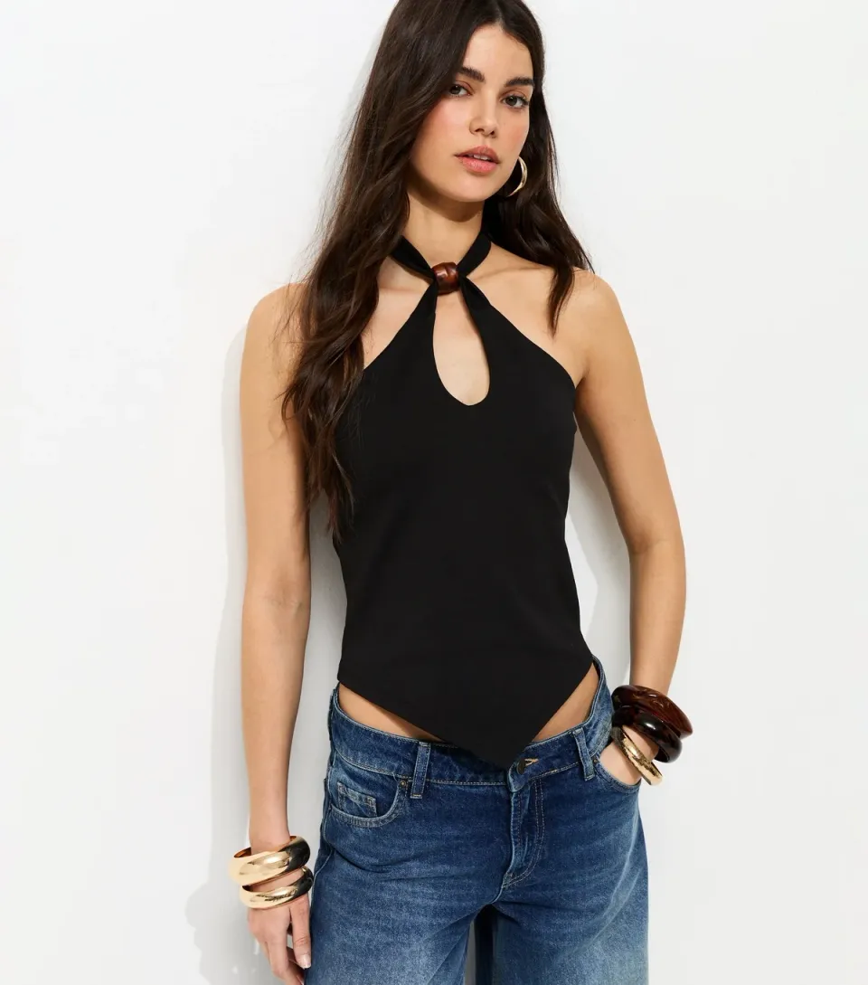 Women's Black Jersey Resin Bead Halter Top