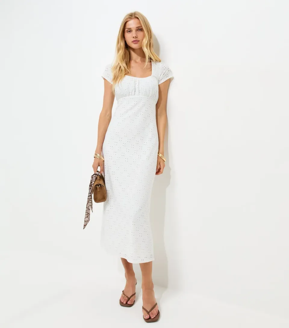 Women's White Broderie Anglaise Jersey Milkmaid Midi Dress
