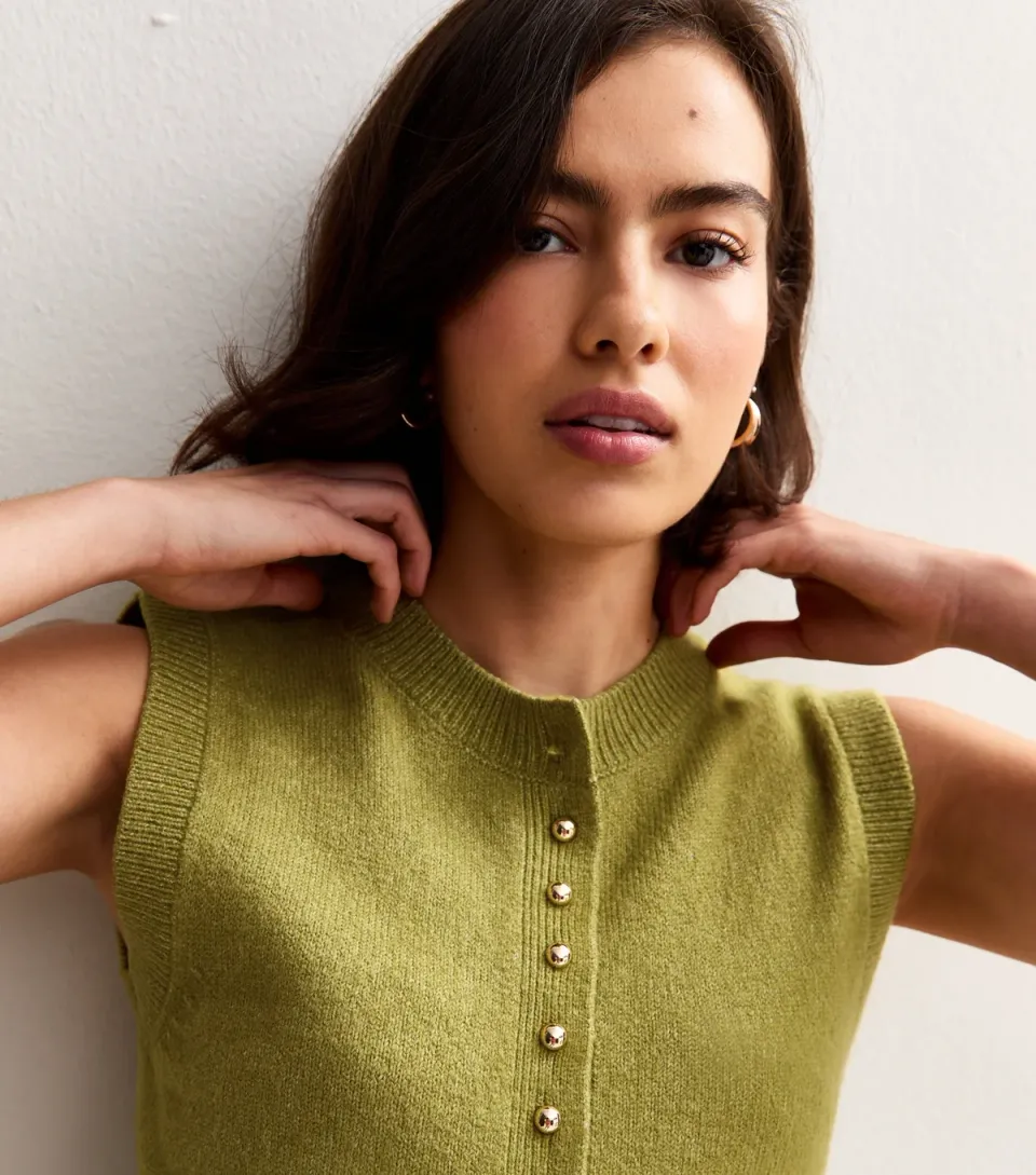 Women's Camel Crew Neck Contrast Button Knit Waistcoat