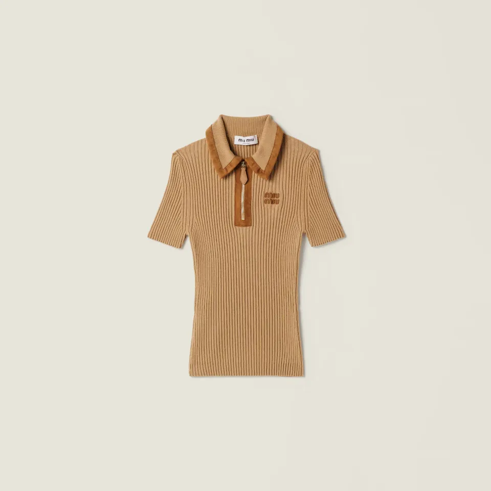 Ribbed knit cashmere polo sweater