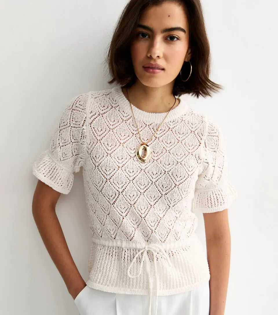 Women's Cream Open Knit Drawstring Waist Frilly Trim Top