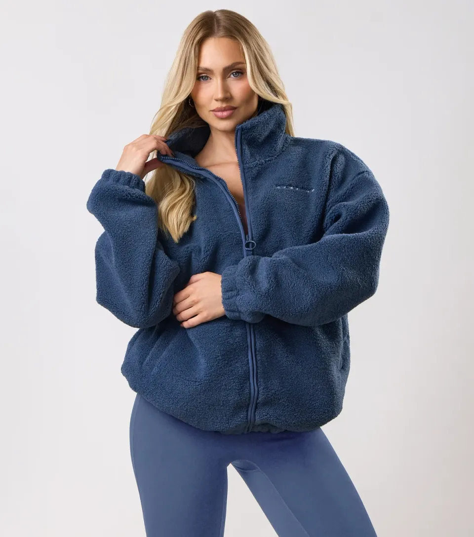Women's Blue Longline Borg Zip Up Top