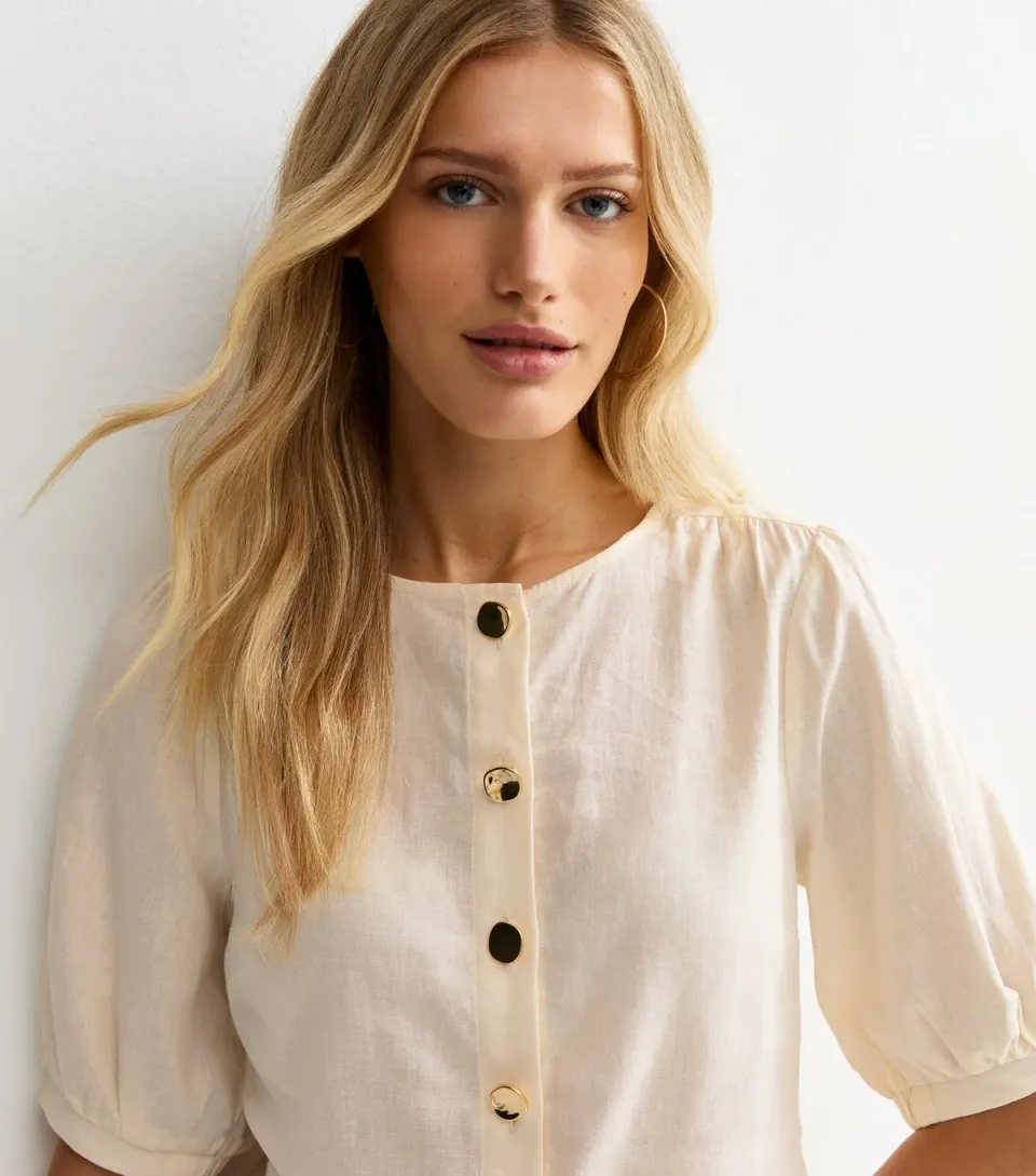 Women's White Linen Blend Gold Tone Textured Button Blouse