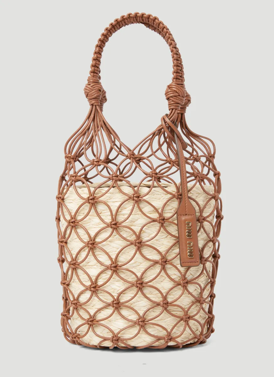 Leather Mesh And Straw Bucket Bag