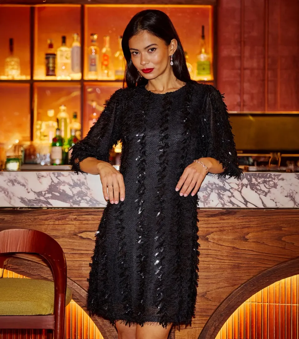 Women's Black Sequin Short Sleeve Tunic Mini Dress