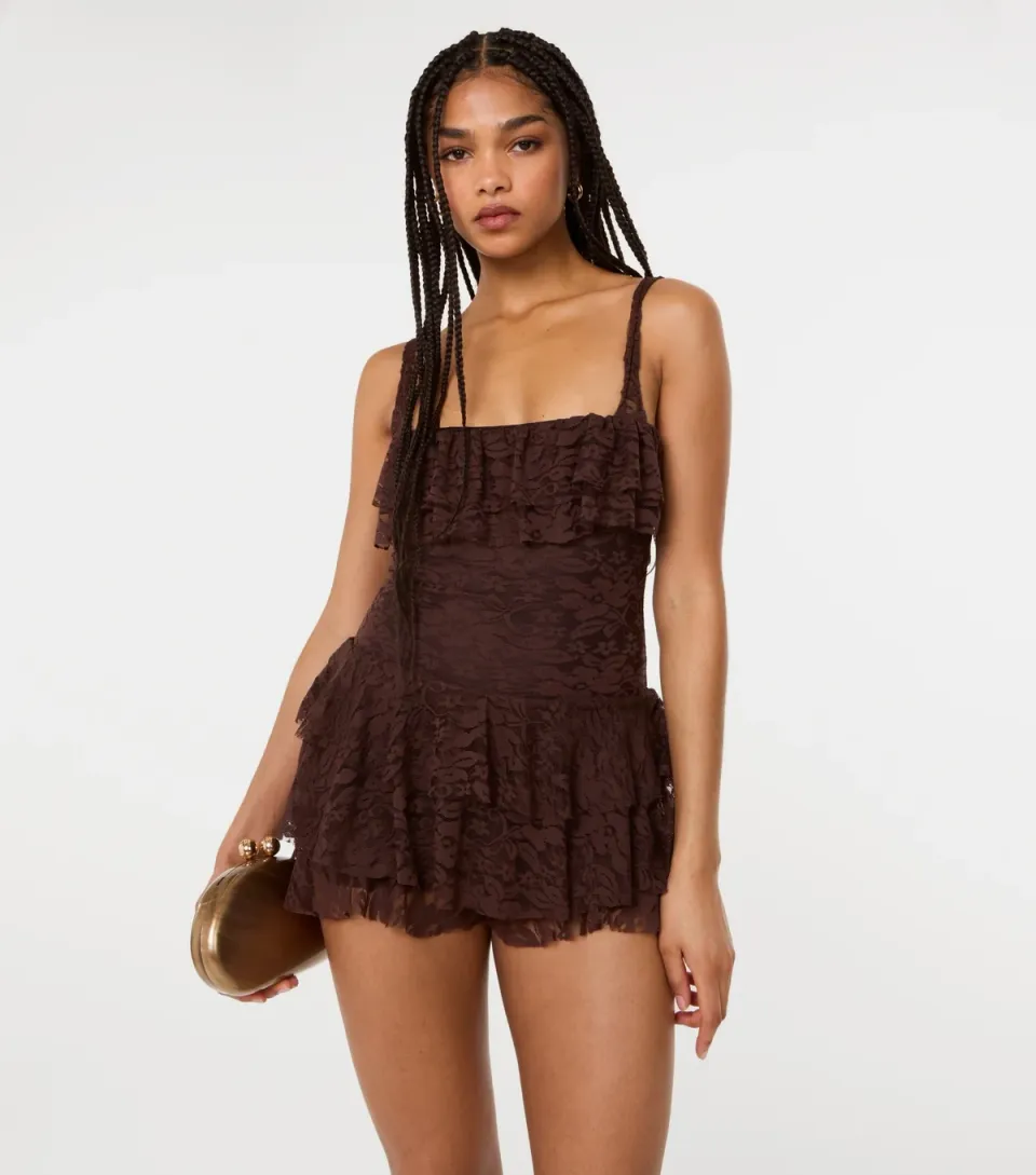 Women's Dark Brown Floral Lace Mini Dress