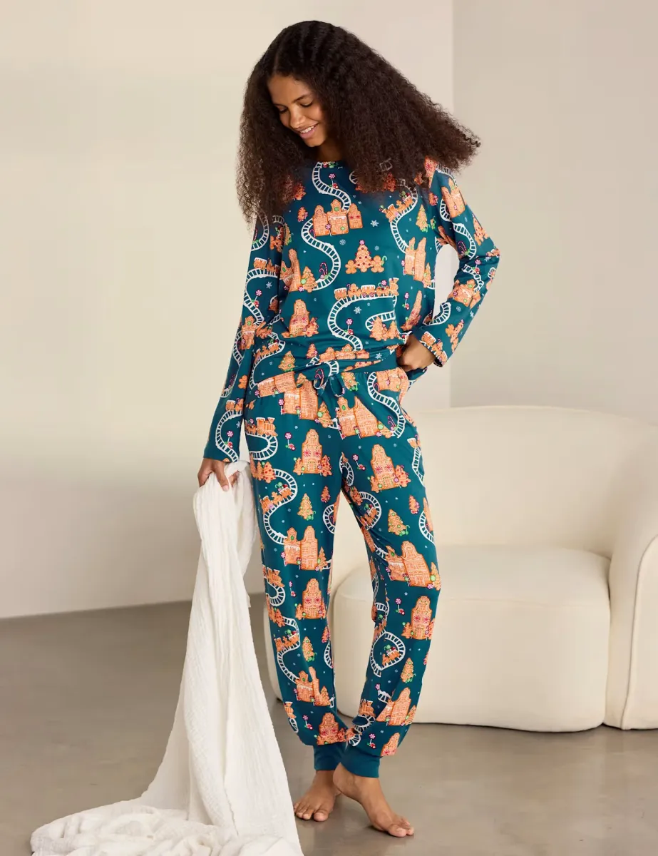Christmas Gingerbread Print Long Pyjama Set Teal Mix