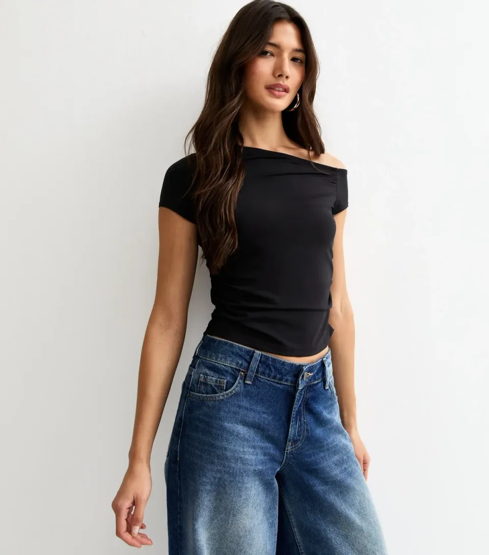 Women's Black Slinky Off Shoulder Gathered Side Top