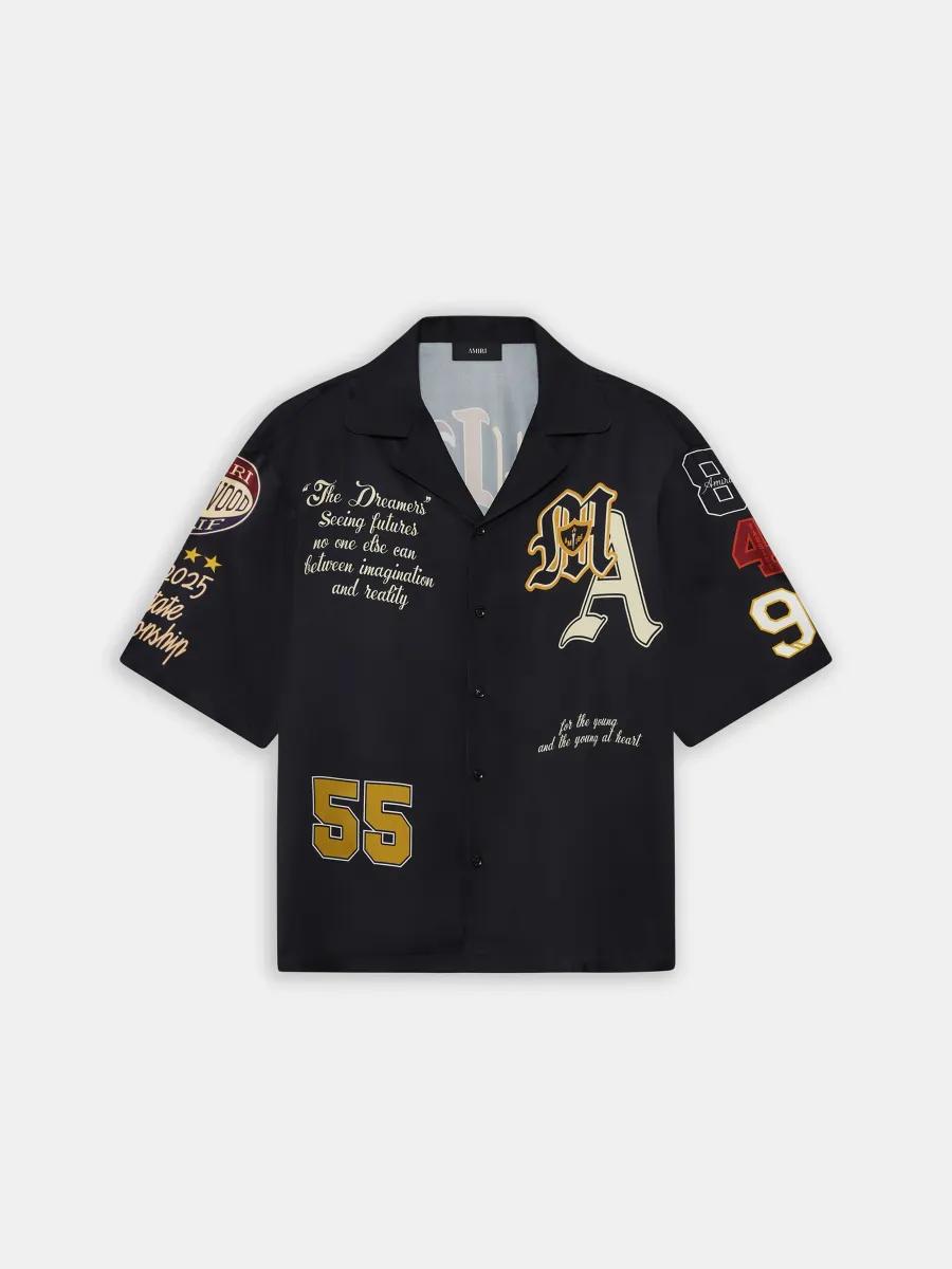 VARSITY PATCH OVERSIZED CAMP SHIRT - Black