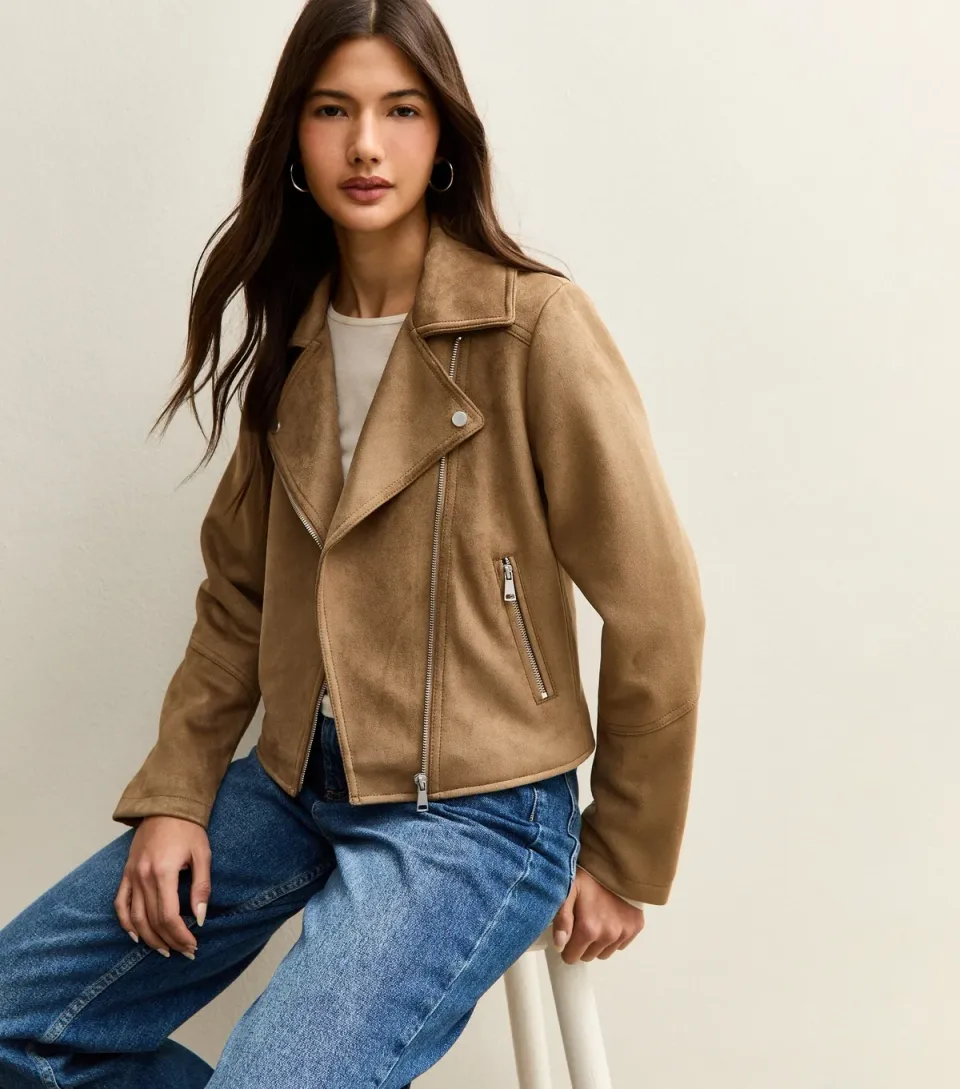 Women's Tan Faux Suede Biker Jacket