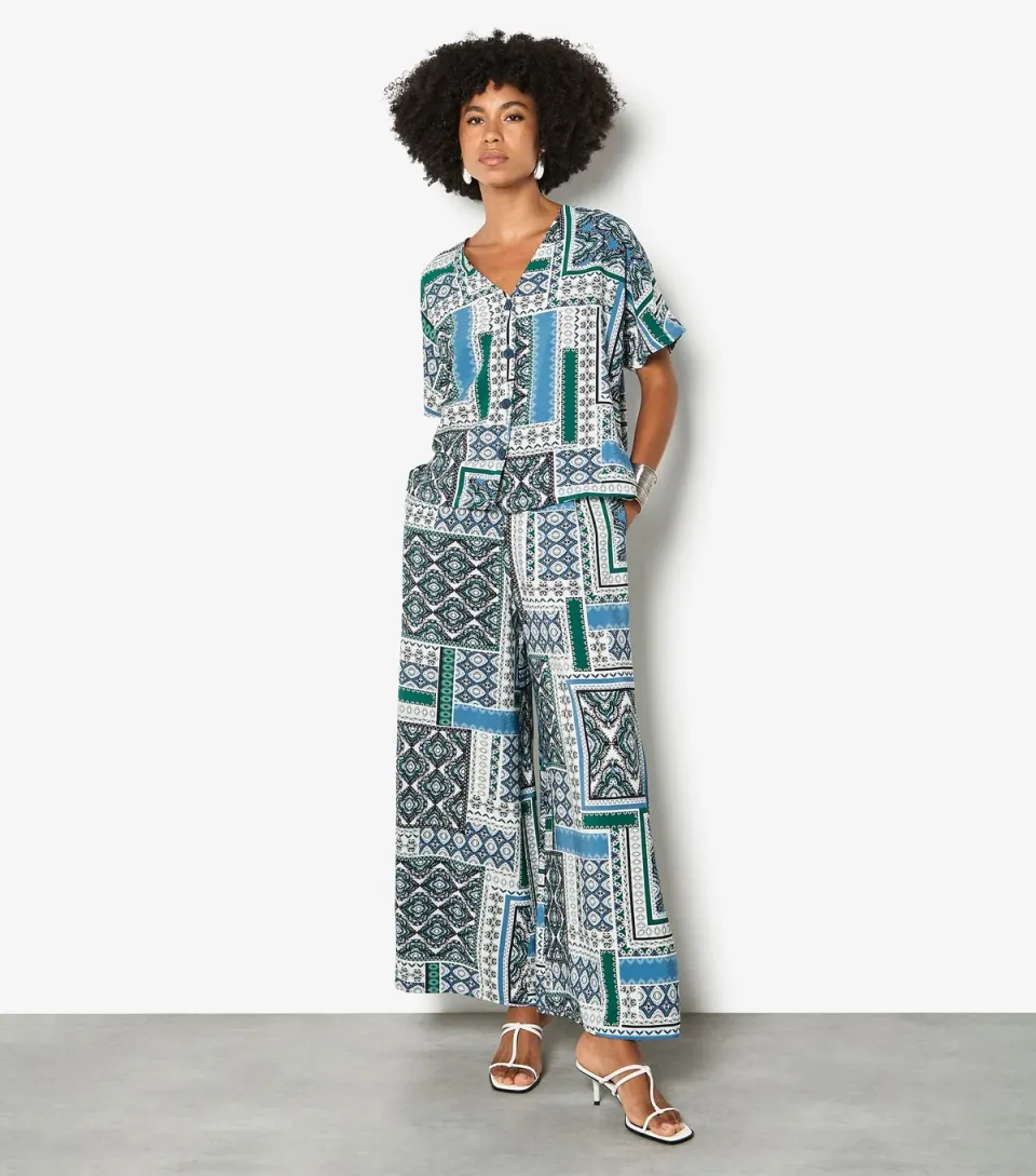 Women's Blue Scarf Print Side Split Trousers