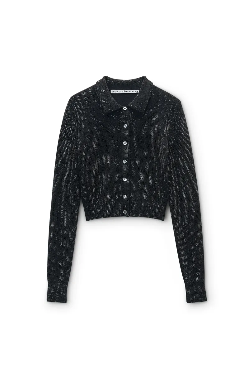 Black Wool-Blend Hotfix Polo Cardigan
