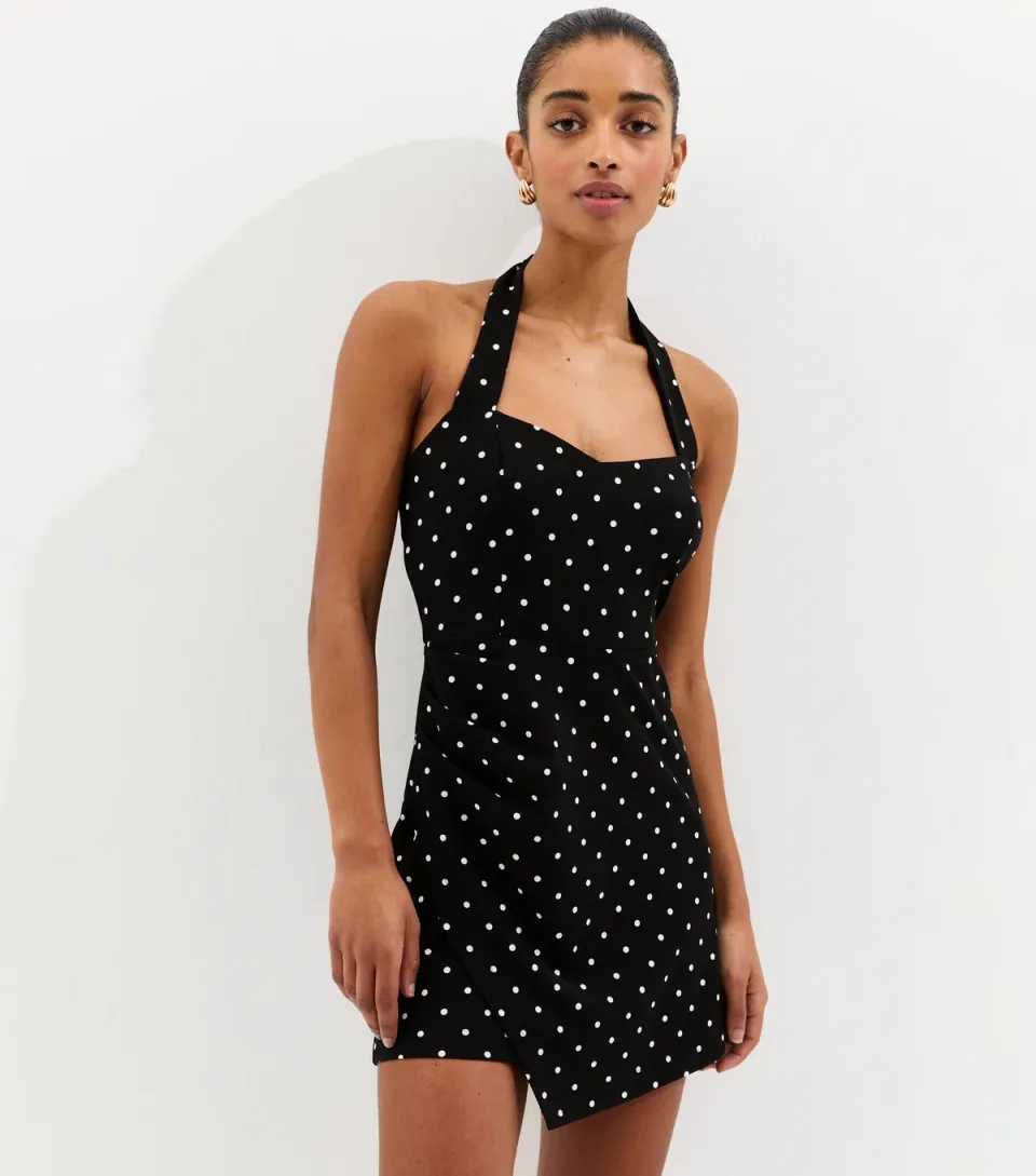 Women's Black Polka Dot Halter Neck Mini Dress
