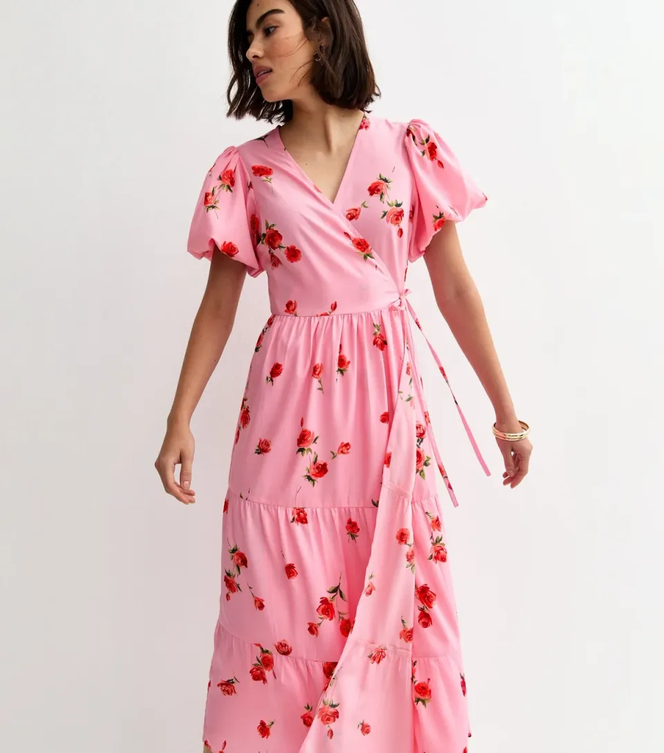 Women's Pink Crepe Rose Print Wrap Midi Dress