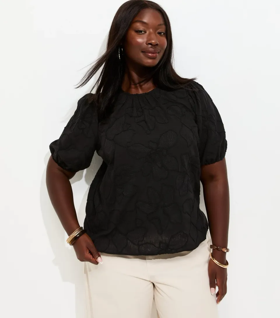 Women's Plus Size Black Floral Embroidered Puff Sleeve T-Shirt Curves