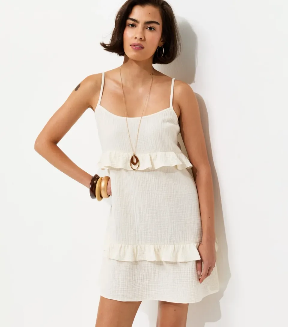 Women's White Crinkle Texture Ruffle Trim Mini Dress