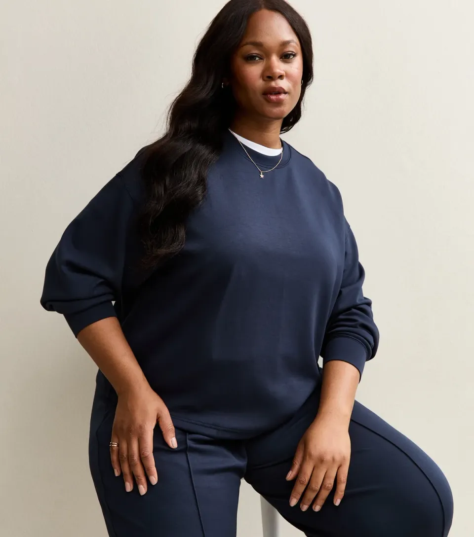 Women's Plus Size Premium Navy Jersey Crew Neck Sweatshirt Curves
