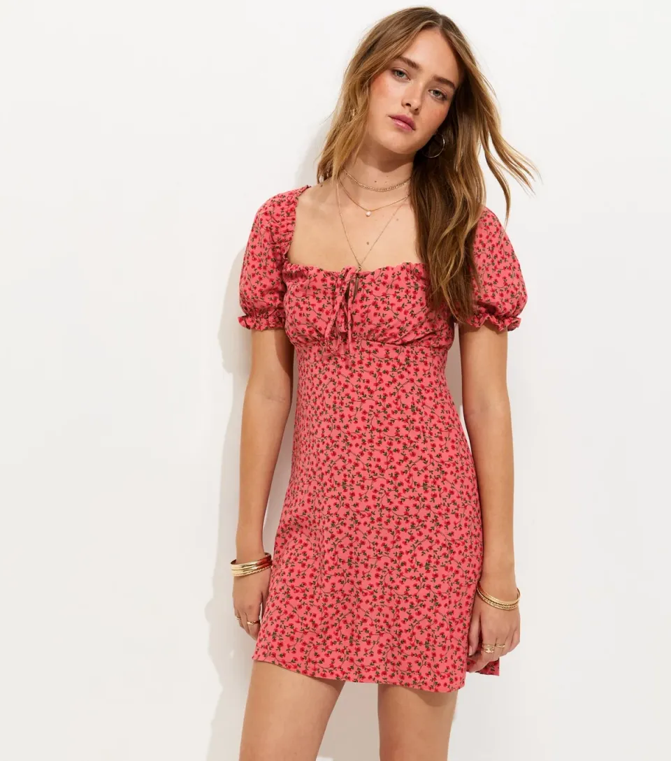 Women's Red Floral Print Milkmaid Mini Dress
