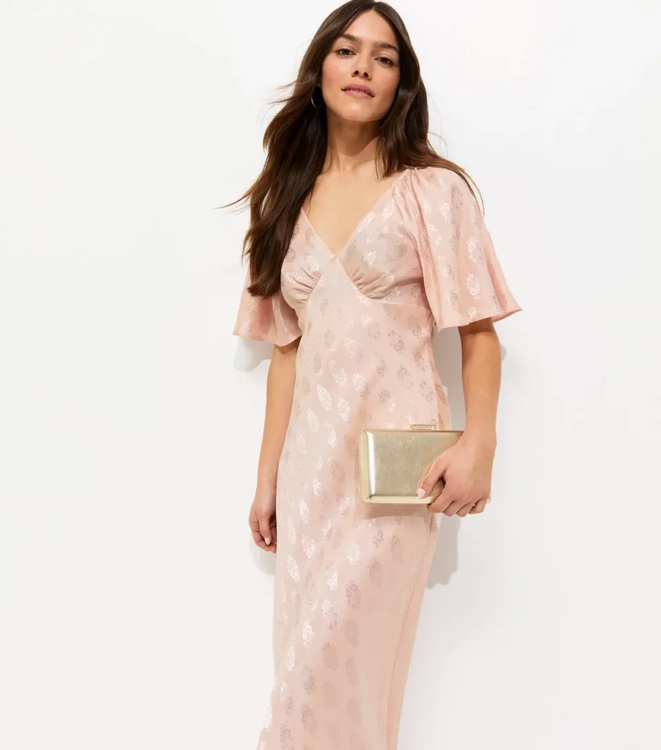 Women's Petite Pink Paisley Jacquard Flutter Sleeve Midi Dress