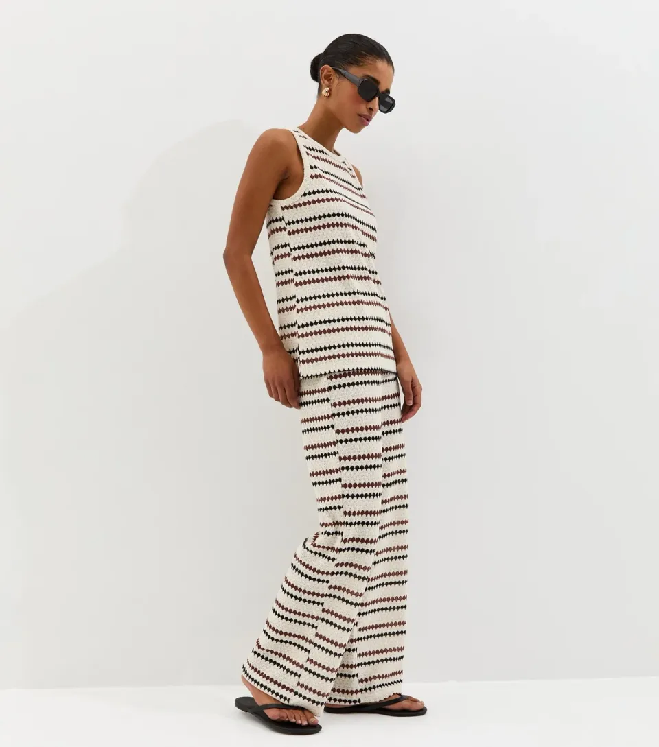 Women's Cream Knitted Multi Stripe Beach Wide Leg Trousers