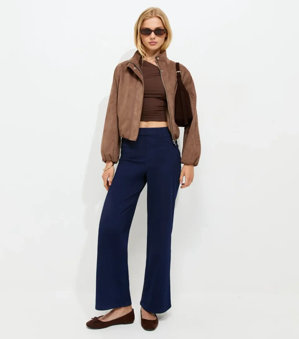 Women's Dark Blue Stretch Denim Pull On Wide Leg Jeans