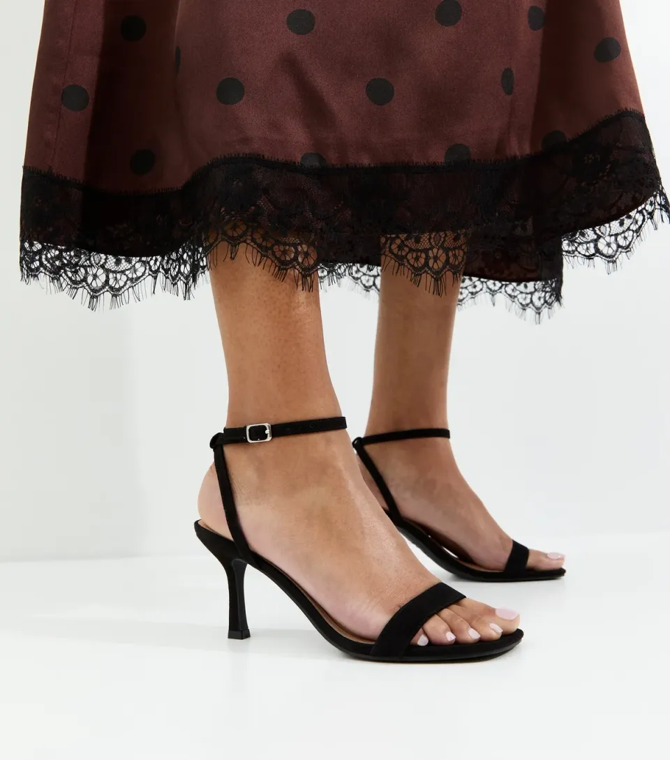 Women's Black Faux Suede Square Top Stiletto Sandals Vegan
