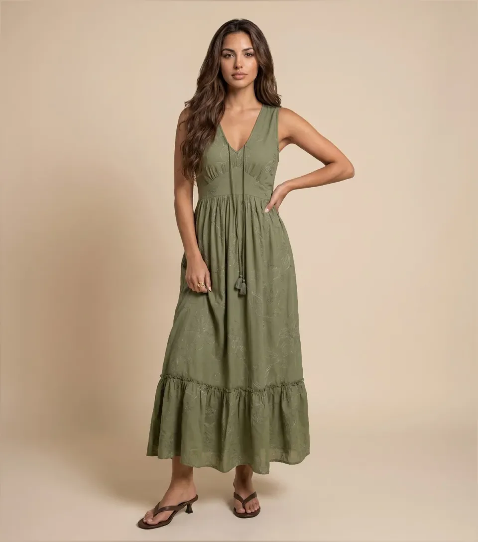 Women's Light Khaki Embroidered Tassel Maxi Dress