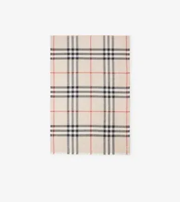 Wide Check Wool Silk Scarf in Stone beige