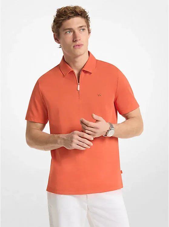 Cotton Blend Piqué Zip-Up Polo Shirt