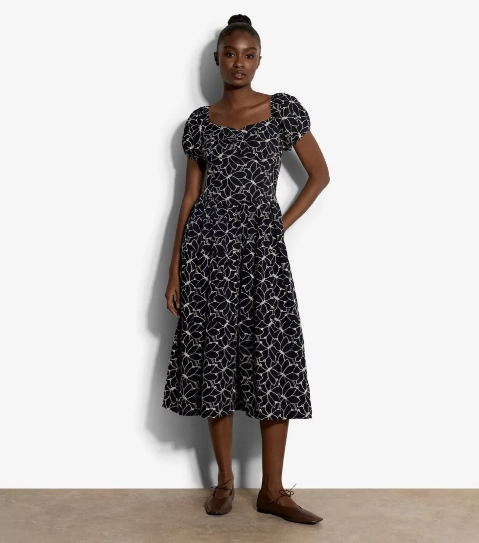 Women's Navy Embroidered Floral Milkmaid Midi Dress